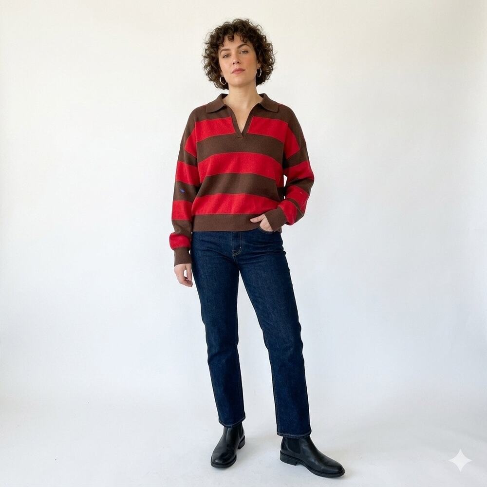 Zara Striped Knit Polo Sweater Brown Red V-Neck Long Sleeve Size Medium Academia